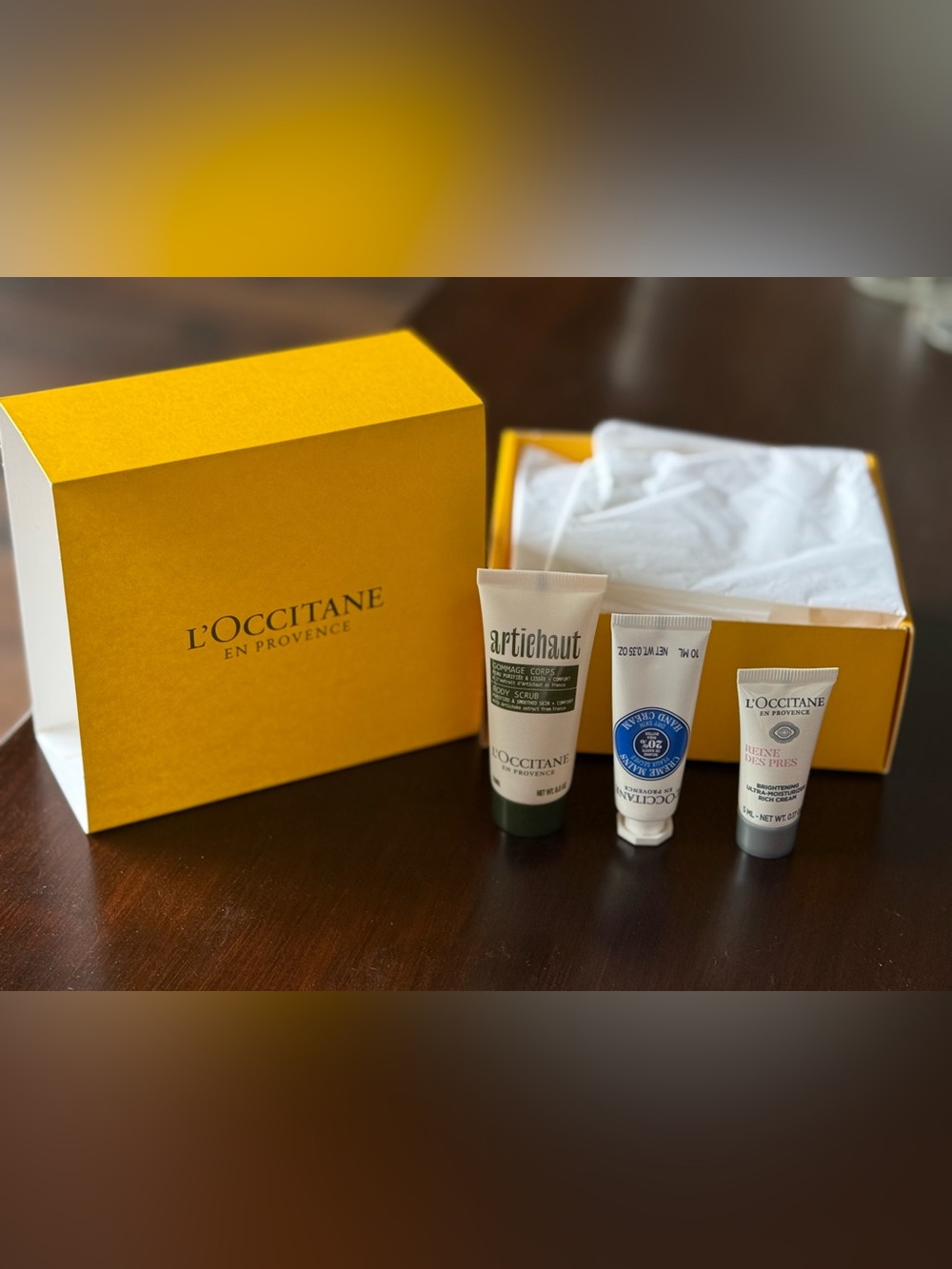 NWT! L'OCCITANE Yellow Gift Box with Neutral & White Skincare Travel sized